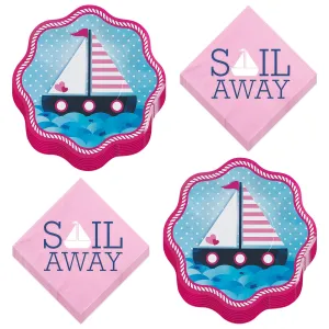 Nautical Girl Pink and Navy Paper Dinner Plates and Sail Away Luncheon Napkins (Serves 16)