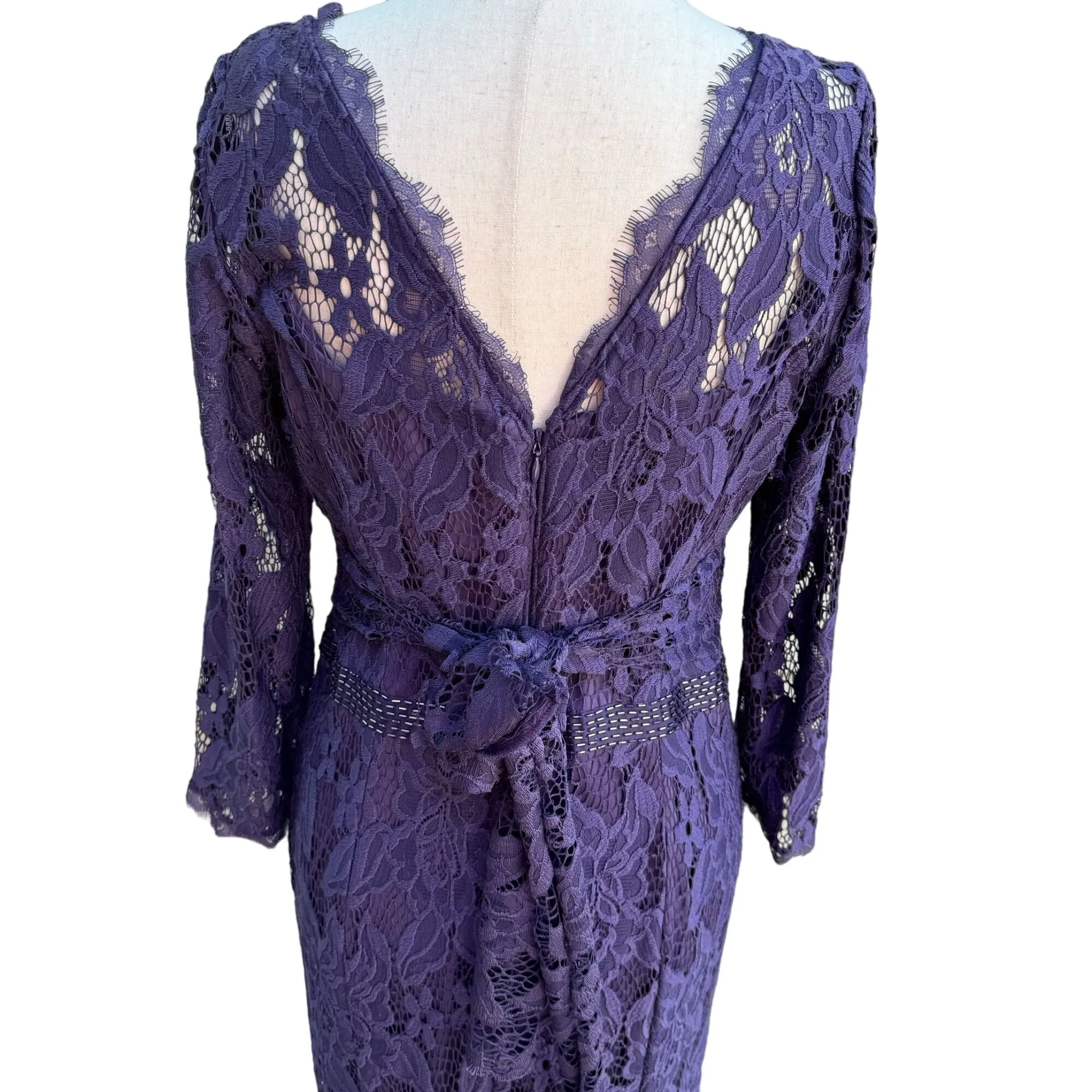 Adrianna Papell Womens Glam Purple Illusion Lace Beaded Waist Long Sleeve Gown