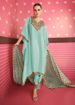 Aqua Blue Silk Satin Kaftan Style Chinon Pant Style Suit