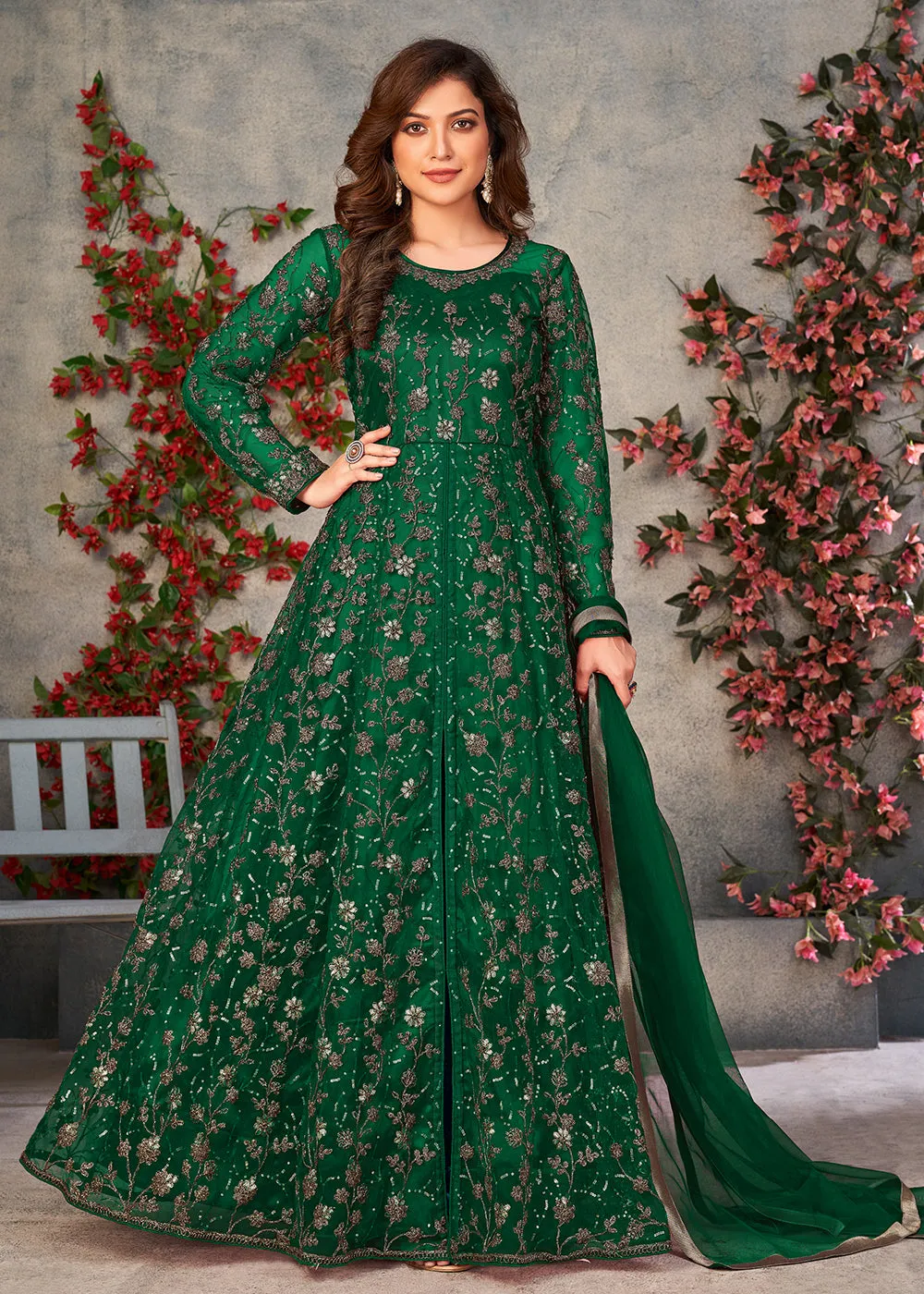 Astounding Dark Green Wedding Function Pant Style Anarkali Suit