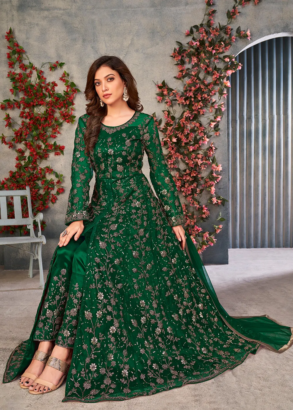 Astounding Dark Green Wedding Function Pant Style Anarkali Suit