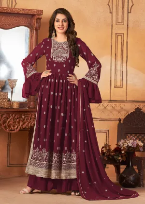 Bell Sleeved Radiant Maroon Wedding Function Palazzo Suit