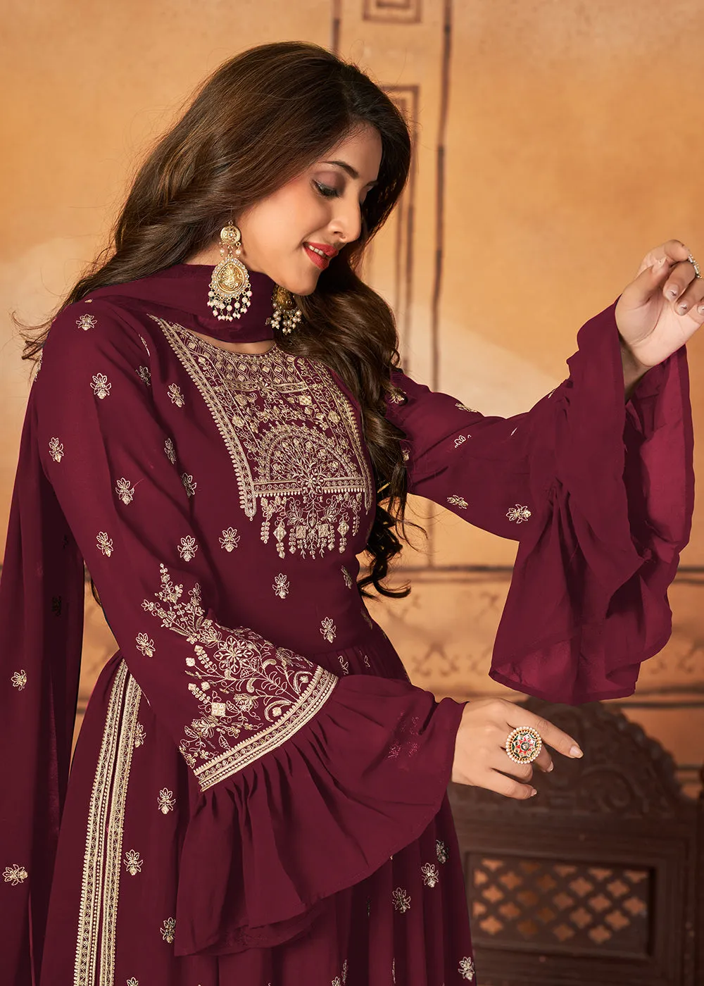 Bell Sleeved Radiant Maroon Wedding Function Palazzo Suit