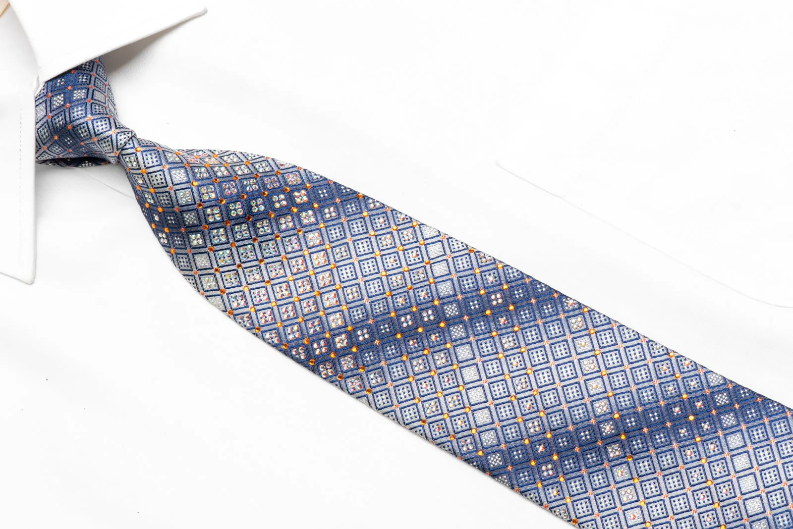 Blue Geometric On Silver Rhinestone Silk Tie With Sparkles