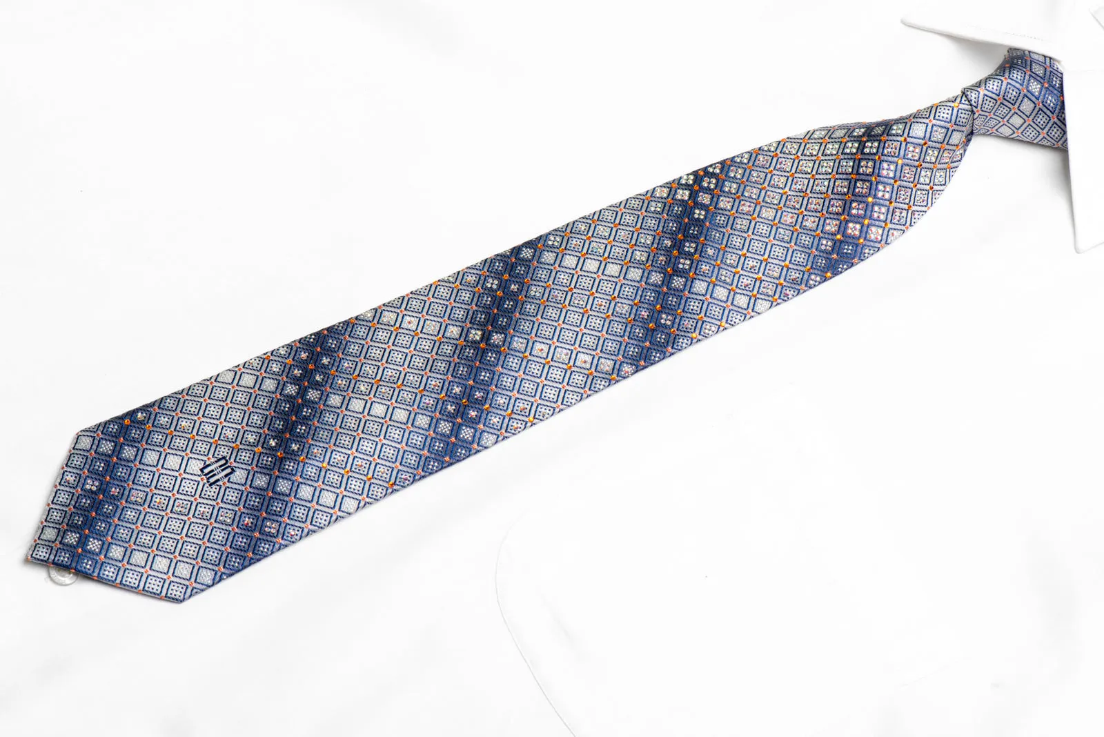 Blue Geometric On Silver Rhinestone Silk Tie With Sparkles