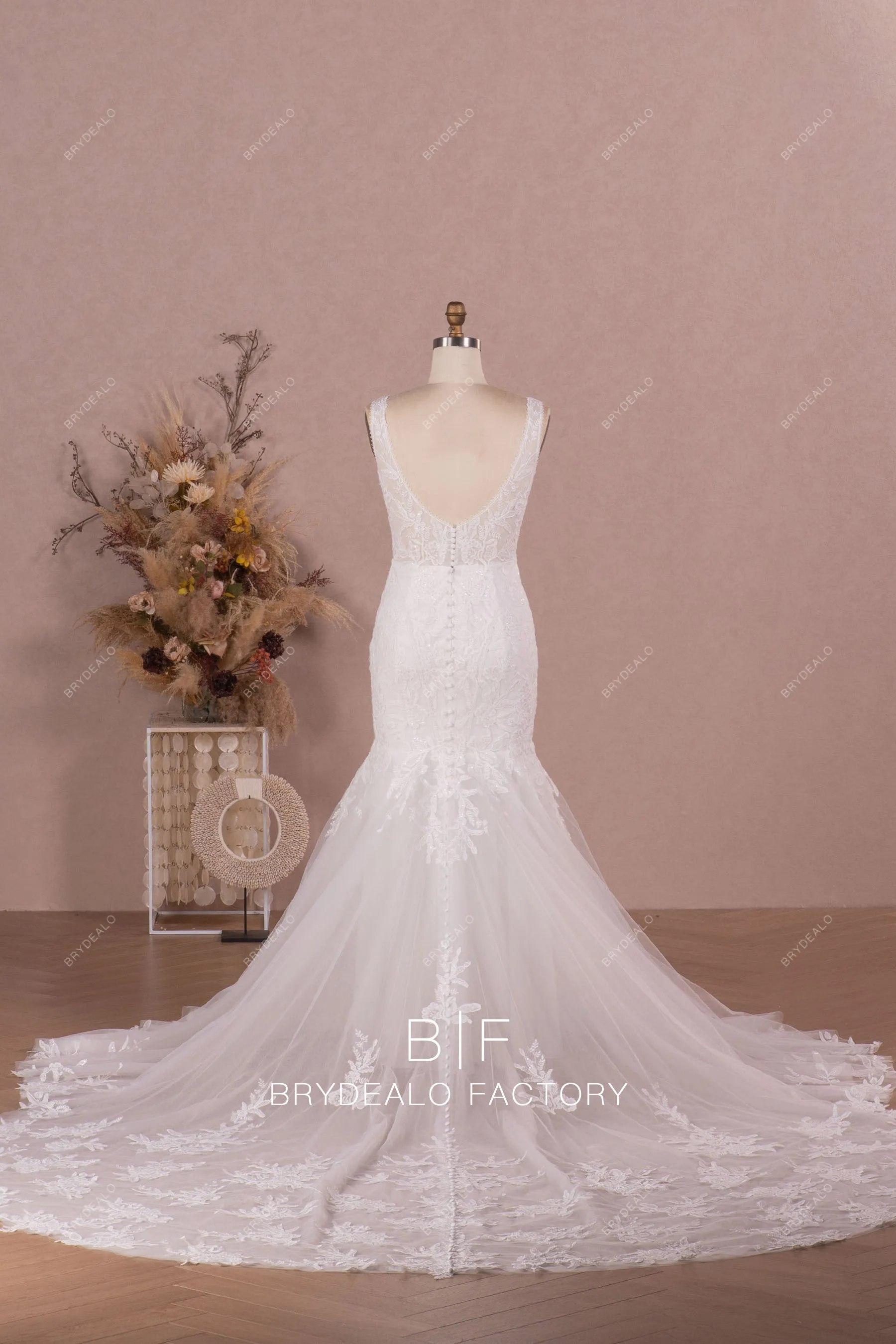 Cathedral Train Lace Mermaid Wedding Dress with Illusion Bodice