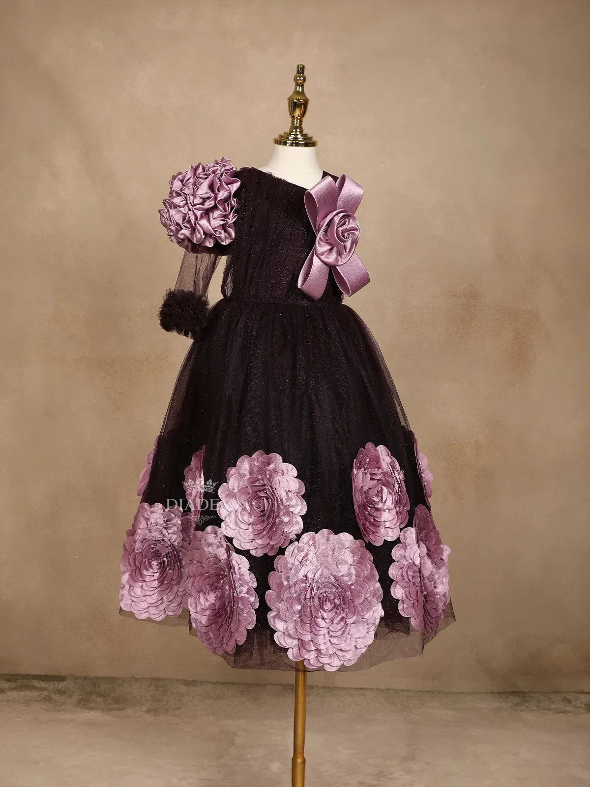 Dark Purple Glitter Net Gown Adorned with 3D Flowers