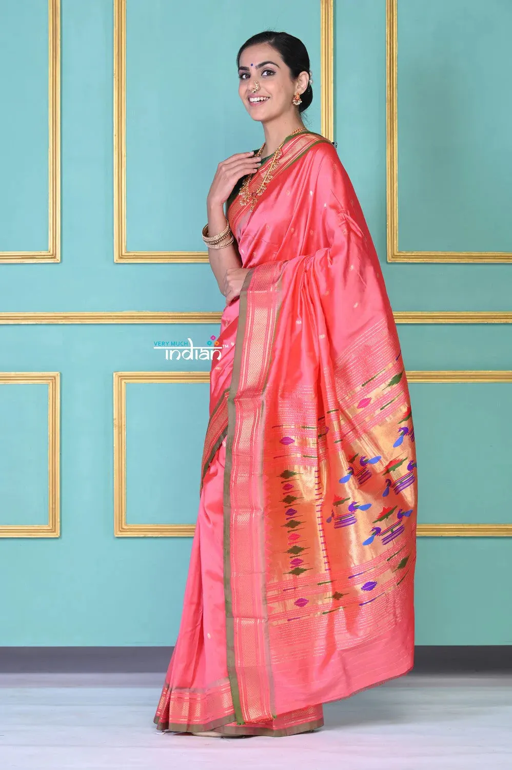 EXCLUSIVE! Traditional Pretty Powder Peach Pure Silk Double Pallu Paithani With Designer Peacocks Pallu