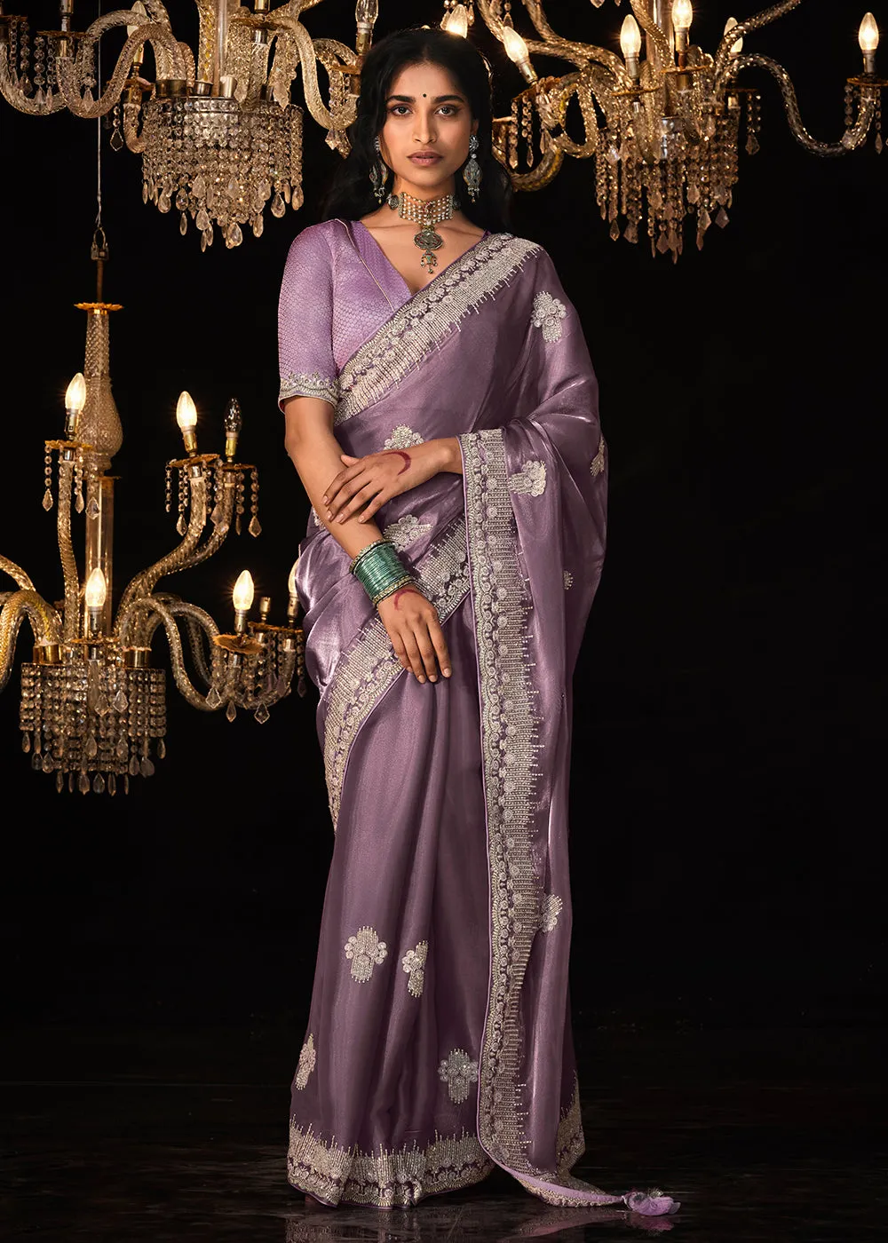 Fancy Lavender Embroidered Designer Wedding Wear Saree