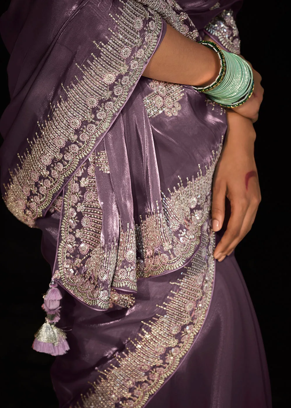 Fancy Lavender Embroidered Designer Wedding Wear Saree