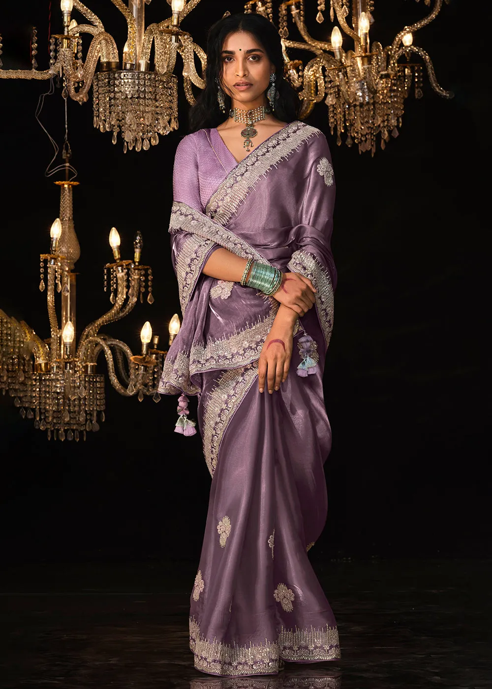 Fancy Lavender Embroidered Designer Wedding Wear Saree