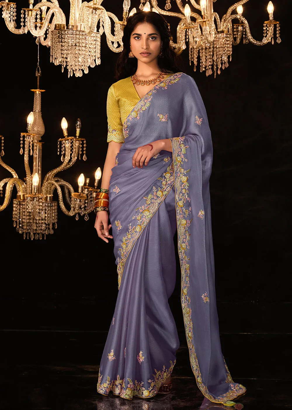 Fancy Light Lavender Embroidered Designer Wedding Wear Saree