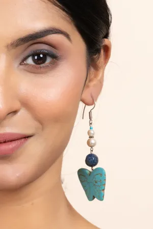 Handmade Semi Precious Blue Turquoise, Onyx & Pearl Butterfly Earrings for Women, Elegant Style