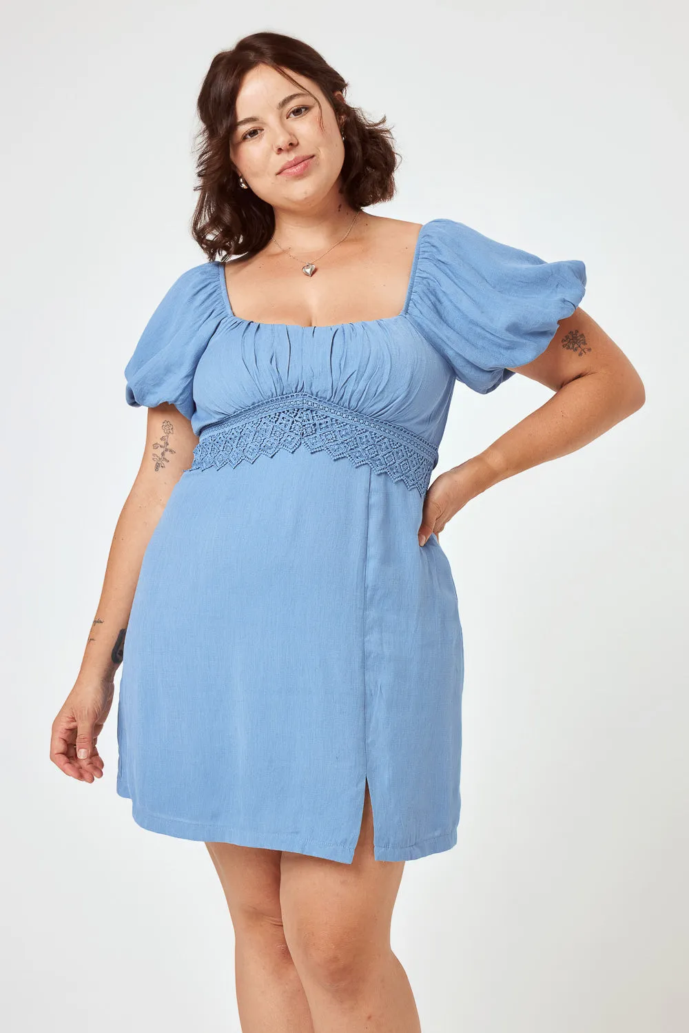 Haze Blue Lace Trim Waist Dress