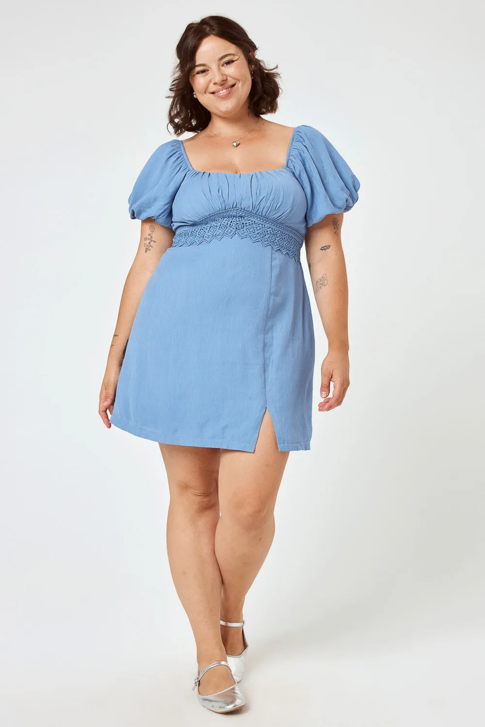 Haze Blue Lace Trim Waist Dress