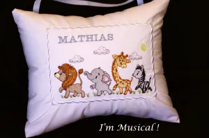 Jungle Safari Animals Music Box Pillow -- Personalized Embroidered MUSICAL Keepsake