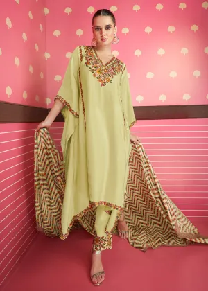 Lime Yellow Silk Satin Kaftan Style Chinon Pant Style Suit