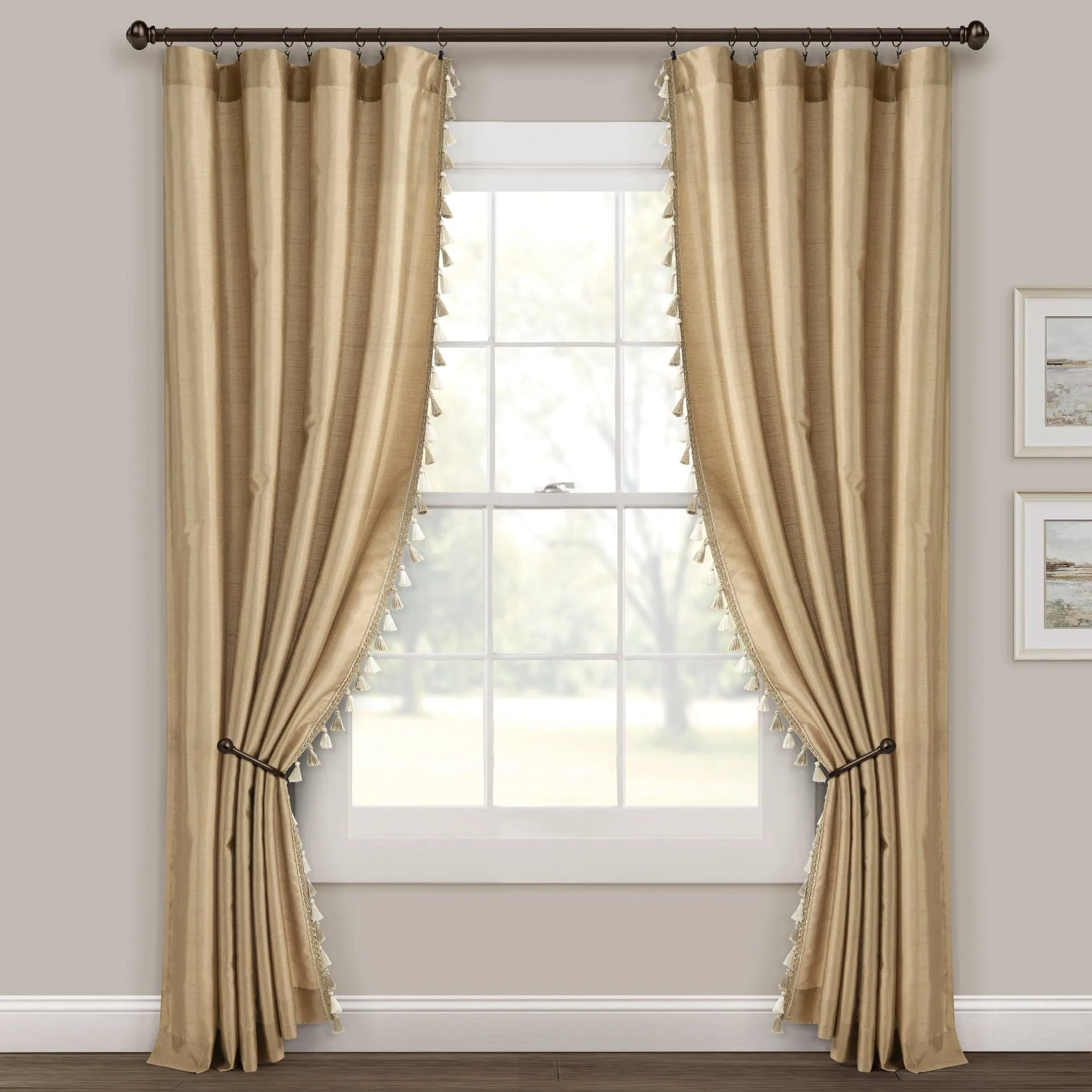 Luxury Regency Faux Silk Two-Tone Tassel Window Curtain Panel Set