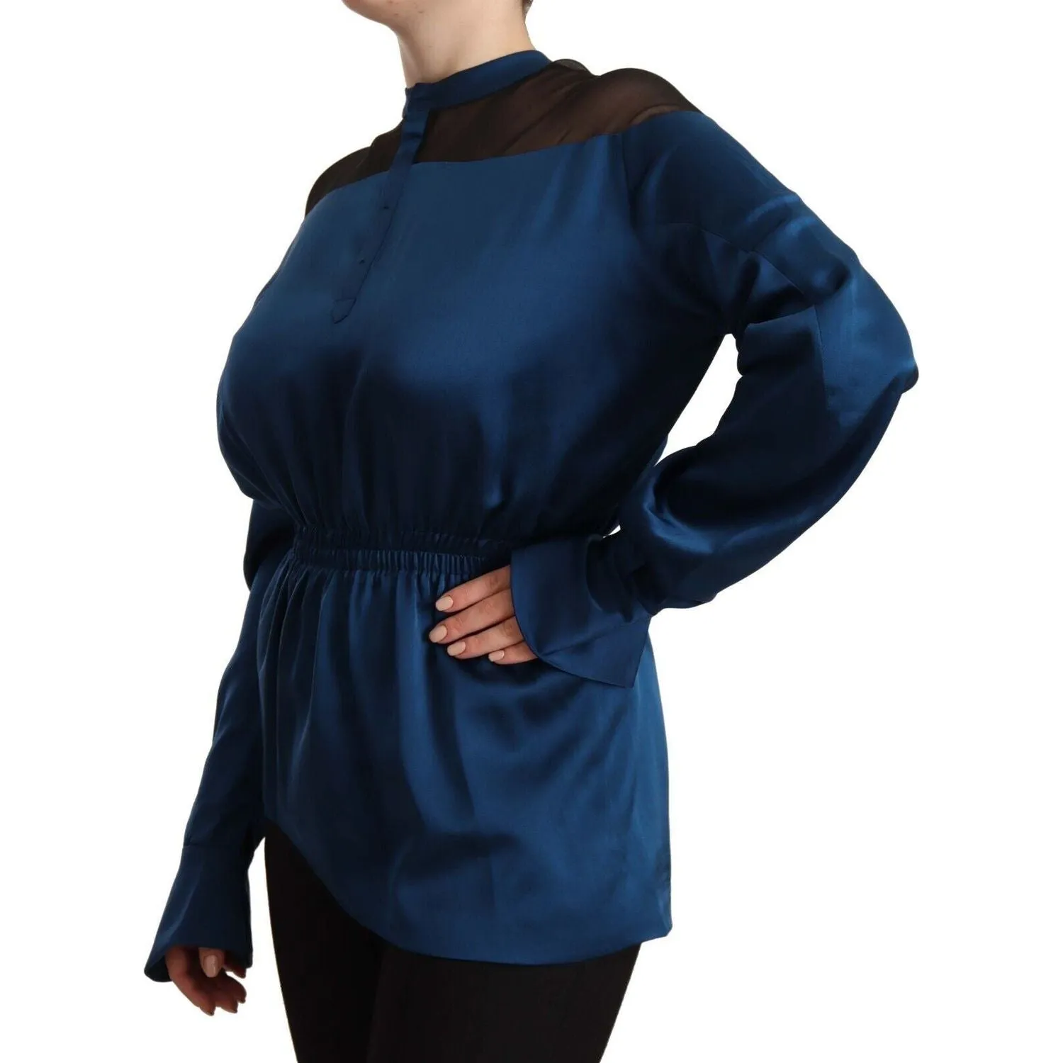 Masha Ma Elegant Crew Neck Silk Blouse in Blue