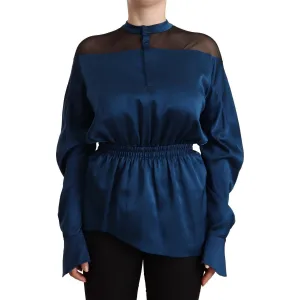 Masha Ma Elegant Crew Neck Silk Blouse in Blue