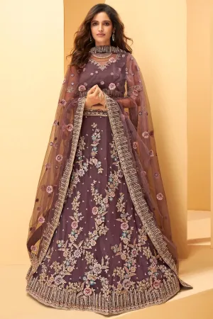 Mauve Purple Floral Embroidered Bridal Lehenga