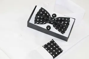 Mens Black Diamond Matching Bow Tie, Pocket Square & Cuff Links Set