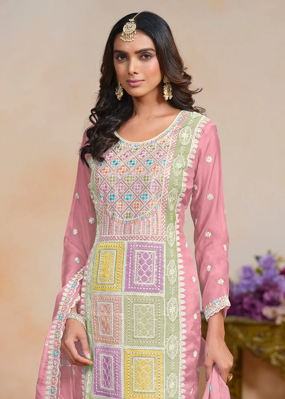 Pink Soft Organza Embroidered Festive Pant Style Suit