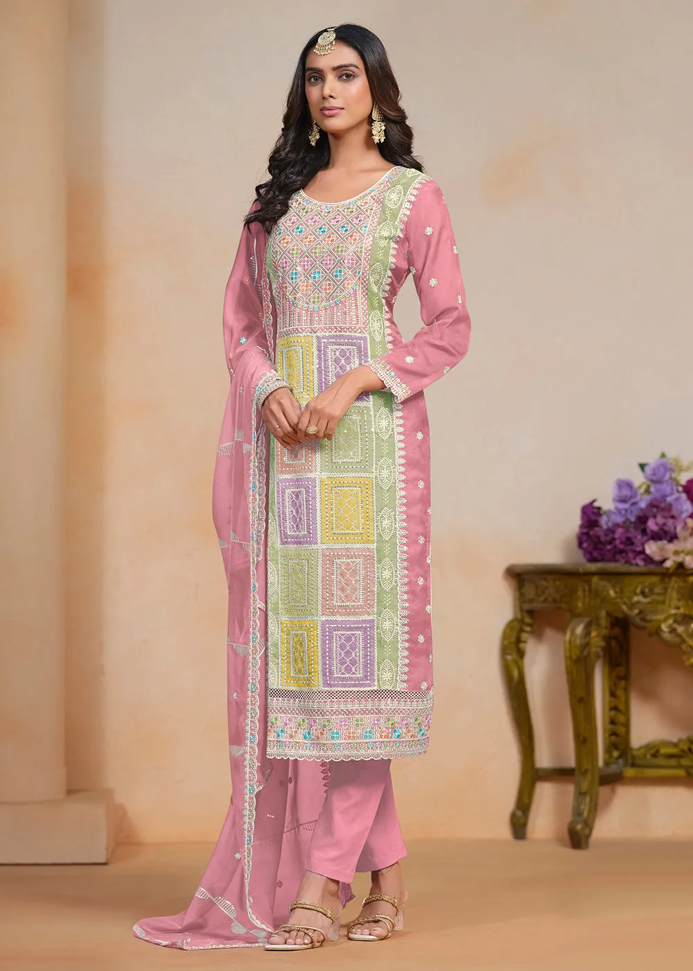 Pink Soft Organza Embroidered Festive Pant Style Suit