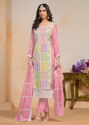 Pink Soft Organza Embroidered Festive Pant Style Suit