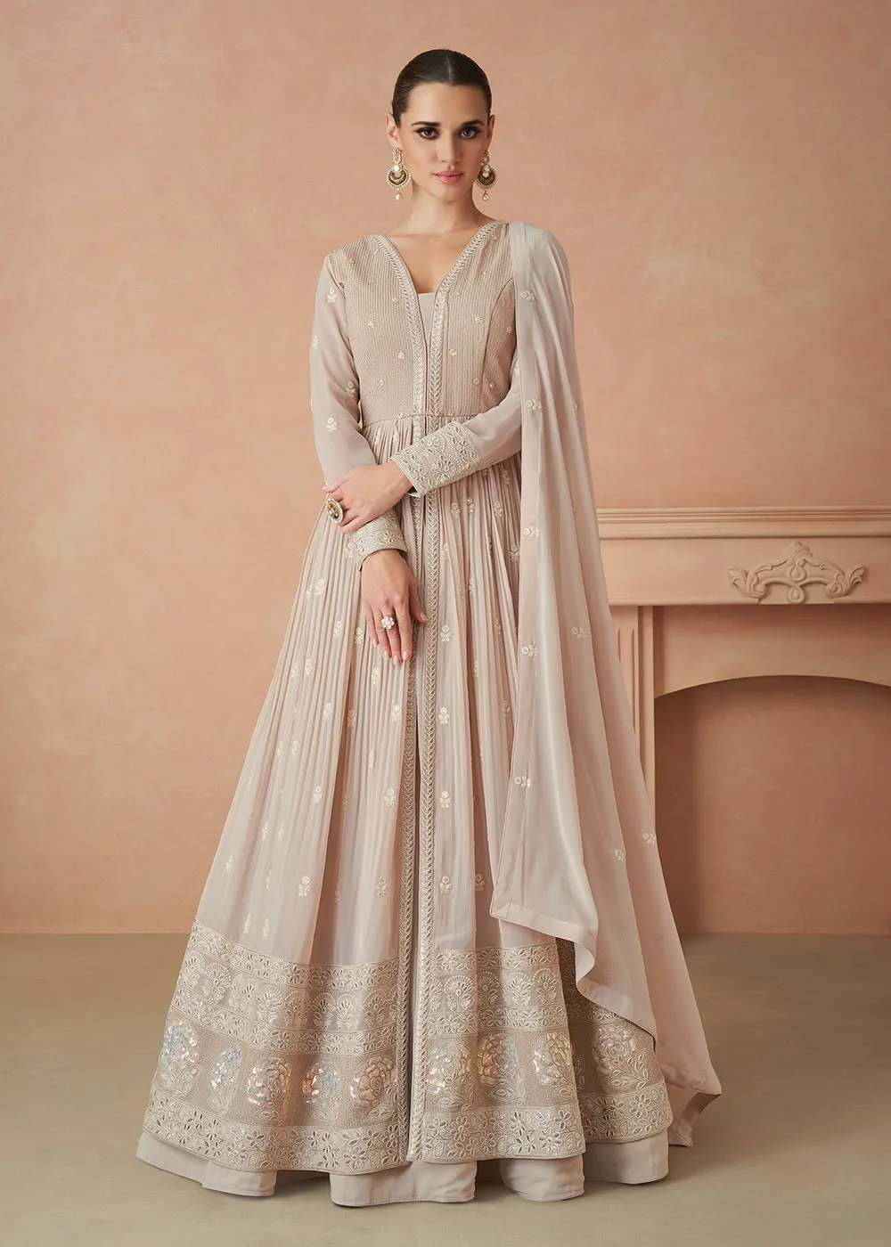 Pretty Beige Sequins Embroidered Georgette Designer Gown