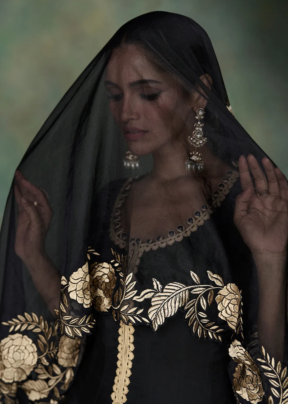 Pure Silk Black Embroidered Reception Wear Indian Gown