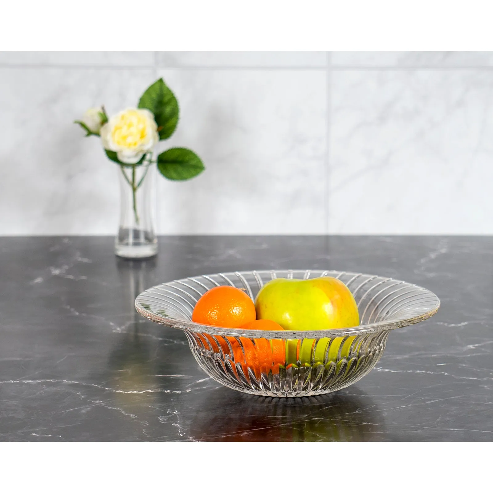 Red Co. Striped Lead Free Crystal Decorative Glass Bowl for Dining Table Kitchen Decoration, Fruits Display, 9.5" x 2.75""