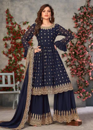 Vintage Navy Blue Georgette Sangeet Wear Sharara Suit