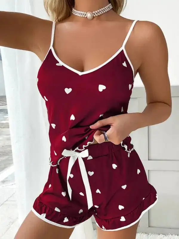 Women’s Heart Print Camisole   Shorts Pajamas Two-Piece Set