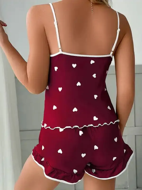 Women’s Heart Print Camisole   Shorts Pajamas Two-Piece Set