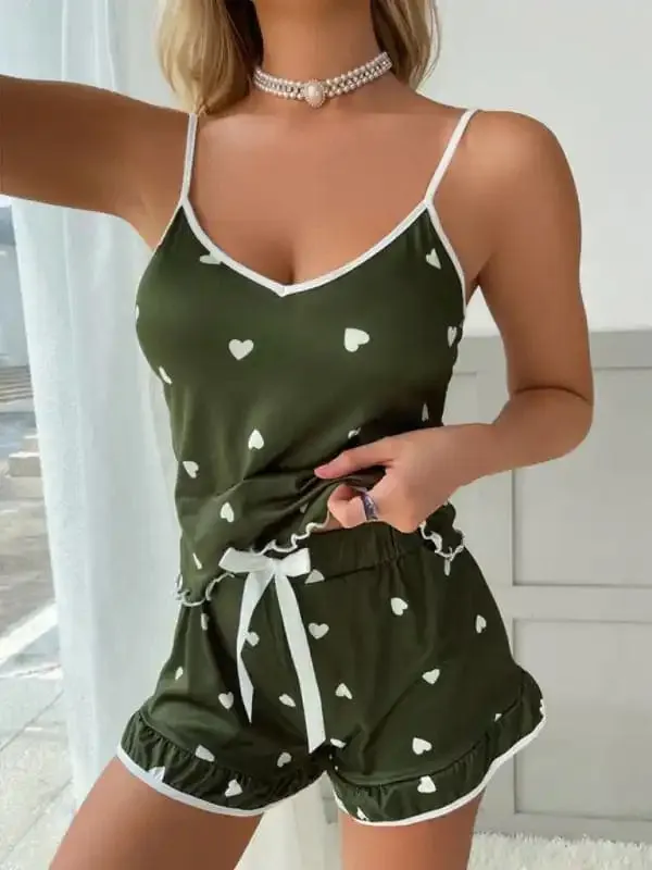 Women’s Heart Print Camisole   Shorts Pajamas Two-Piece Set